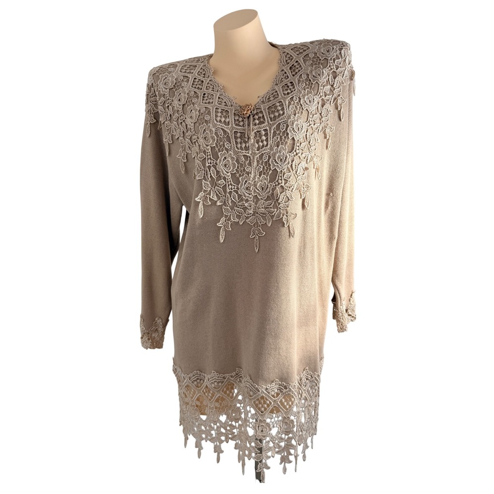 Cottage Grandmacore Embellished Lace Embroidered Longline Sweater Cotton Knit